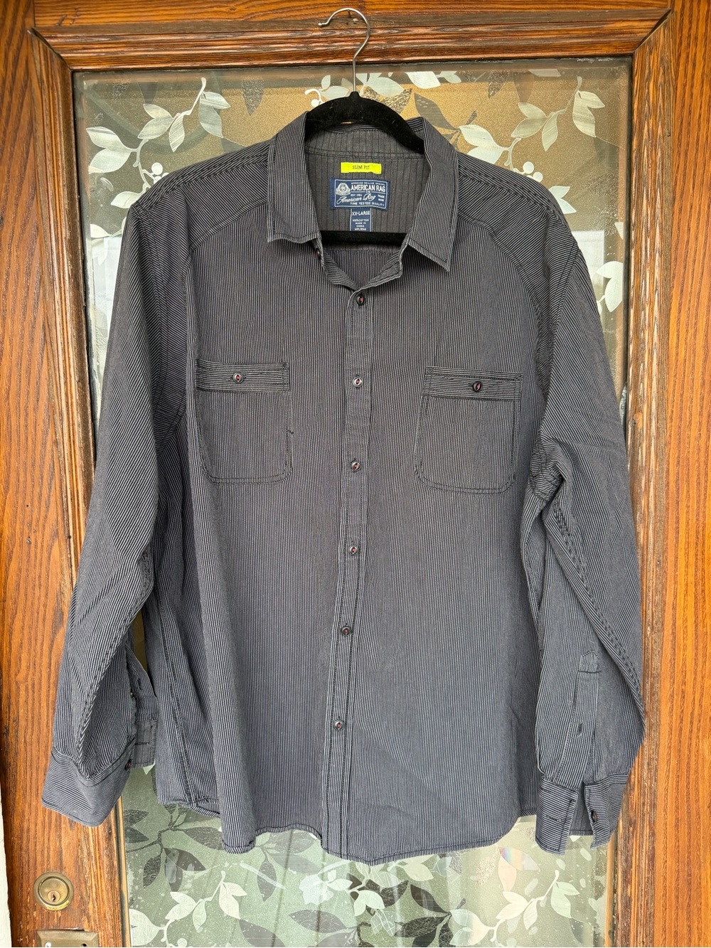 American Rag Cie Men's 2XL Gray Striped Cotton Woven Slim Long Sleeve Shirt